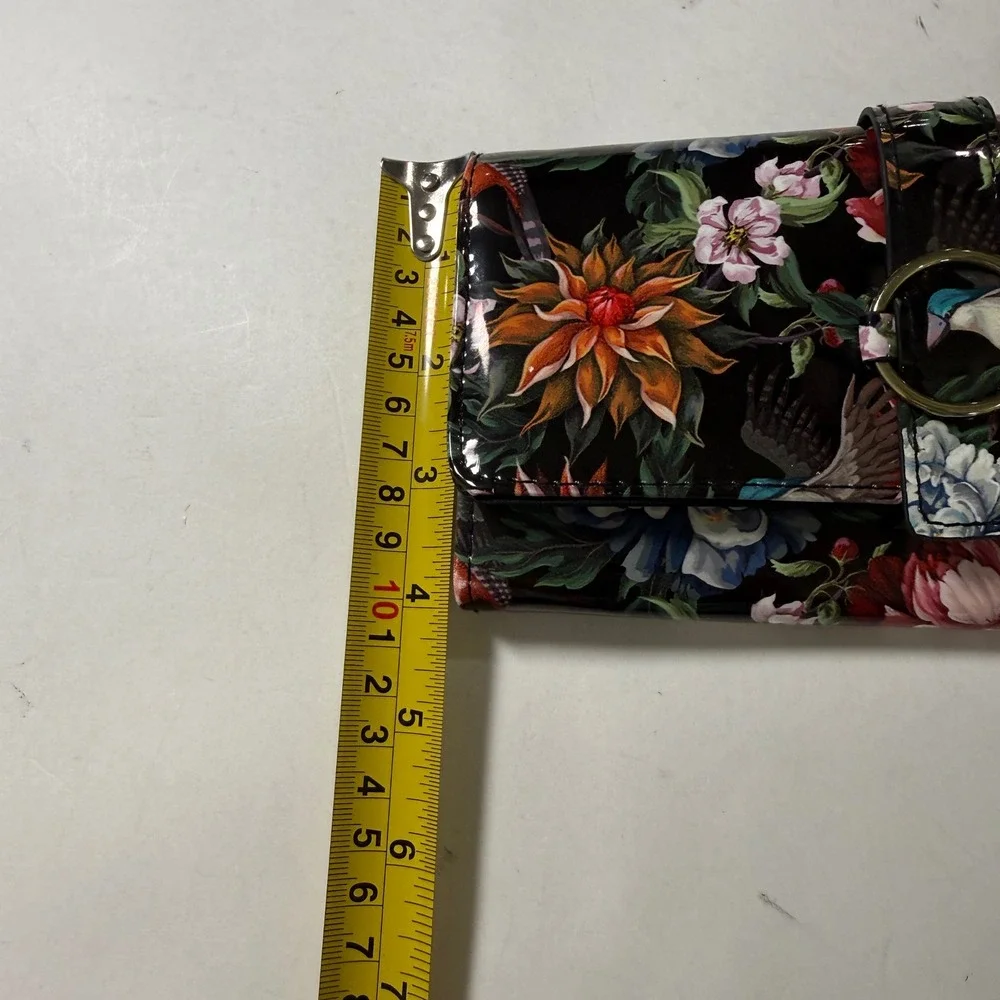 Mundi Black Floral Bird Patent Leather RFID Wallet Cash Coupons Receipts NWOT